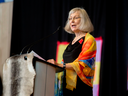 Chief Commissioner Marion Buller speaks at the closing ceremony marking the conclusion of the National Inquiry into Missing and Murdered Indigenous Women and Girls in Gatineau, Quebec on June 3, 2019.