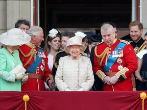 (L-R) Camilla, Duchess of Cornwall Prince Charles, Prince of Wales, Queen Elizabeth II, Prince Andrew, Duke of York, Prince Harry, Duke of Sussex and Meghan, Duchess of Sussex during Trooping The Colour, the Queen's annual birthday parade, on June 8, 2019 in London, England.