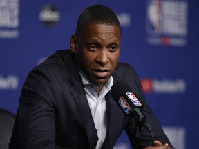 Toronto Raptors president Masai Ujiri speaks to the media  in Toronto, Ont. on Wednesday May 29, 2019.