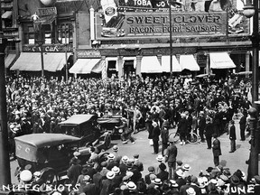 Crowds are seen on the streets of Winnipeg on June 10, 1919, during the general strike, which ran from May 15 to July 26, 1919.