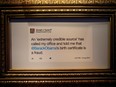 A tweet from U.S. President Donald Trump is seen During the opening of the "Donald J. Trump Presidential Twitter Library," a comedic installation showcasing Trump's Twitter history, in downtown Washington D.C., U.S. June 14, 2019.