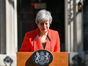 Theresa May, U.K. prime minister, delivers a speech announcing her resignation outside number 10 Downing Street in London, U.K., on Friday, May 24, 2019. May said she will step down on June 7.