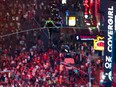 Aerialist Nik Wallenda walks the highwire with his sister Lijana (unseen) over Times Square in New York, U.S., June 23, 2019.