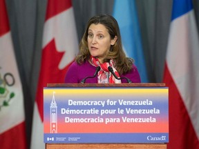 In this file photo taken on February 04, 2019 Canadian Prime Minister Chrystia Freeland delivers her opening remarks at the 10th Lima Group in Ottawa, Ontario. - Canada announced on June 2, 2019 it was temporarily shutting its embassy in Venezuela, blaming President Nicolas Maduro for refusing to accredit diplomats critical of his regime.