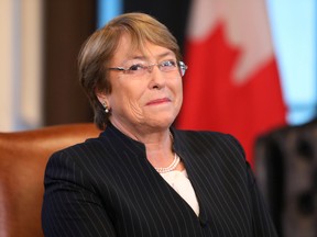 U.N. High Commissioner for Human Rights Michelle Bachelet takes part in a meeting with Canada's Prime Minister Justin Trudeau in Trudeau's office on Parliament Hill in Ottawa, Ontario, Canada June 17, 2019.