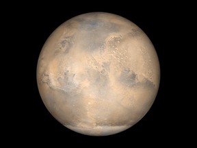 A simulated view of Mars as it would be seen from the Mars Global Surveyor spacecraft.