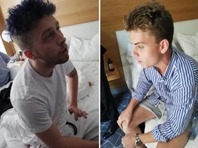 In this combo photo released by Italian Carabinieri, Gabriel Christian Natale Hjorth, right, and Finnegan Lee Elder, sit in their hotel room in Rome.