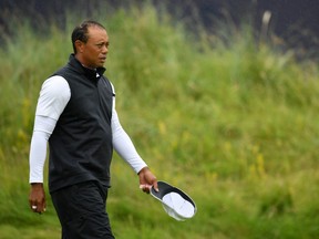 Tiger Woods of the United States reacts on the 18th during the second round of the 148th Open Championship held on the Dunluce Links at Royal Portrush Golf Club on July 19, 2019 in Portrush, United Kingdom.