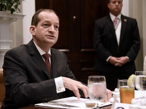 In this file photo taken on June 21, 2018 Secretary of Labor Alexander Acosta speaks during a working lunch with governors in the Roosevelt Room of the White House, in Washington, DC. - Democratic Party leaders called on July 9, 2019 for the resignation of President Donald Trump's secretary of labor over a secret plea deal he made a decade ago with a wealthy hedge fund manager accused of sexually abusing young girls.