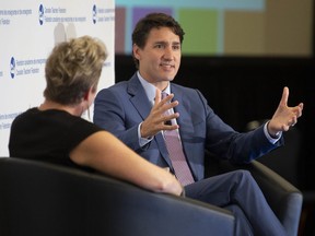 Prime Minister Justin Trudeau participates in an arm chair discussion at the Canadian Teachers Federation annual general meeting in Ottawa, Thursday July 11, 2019. Prime Minister Justin Trudeau says there is more work to do to sell Canadians on his vision for additional action to fight climate change.