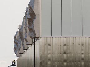 A public art installation by German artist Thorsten Goldberg is seen on the yet-to-open Edmonton Public Transit's Kathleen Andrews Transit Garage on Fort Road on July 4, 2019.