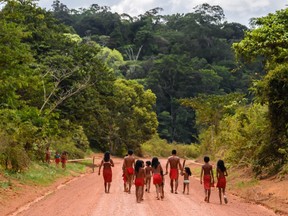 Brazilian Waiapi walk on the road of the Waiapi indigenous reserve, at Pinoty village in Amapa state in Brazil on October 12, 2017.