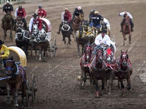Teams compete in a chuckwagon race at the Calgary Stampede in Calgary, Monday, July 12, 2010. A horse has died from an injury that occurred during a chuckwagon race at this year's Calgary Stampede. Stampede officials confirm something happened to the animal about halfway around the track during Wednesday evening's second heat of the Rangeland Derby.