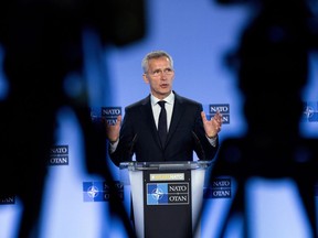 NATO Secretary General Jens Stoltenberg speaks during a media conference at NATO headquarters in Brussels, Friday, July 5, 2019.NATO's secretary-general is visiting Canada next week. Prime Minister Justin Trudeau's office says he and Jens Stoltenberg will meet at CFB Petawawa in Ontario on Monday, and then Stoltenberg will go on to Toronto for a speech.