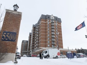 The Montreal seniors' residence where the body of the 93-year-old mother of former of former Bloc Quebecois leader Gilles Duceppe was found outside Sunday is seen in Montreal on January 21, 2019.The family of former Bloc Quebecois leader Gilles Duceppe is seeking $1.14 million from a luxury seniors' residence where their 93-year-old mother perished after being trapped in a courtyard during a false fire alarm last January.