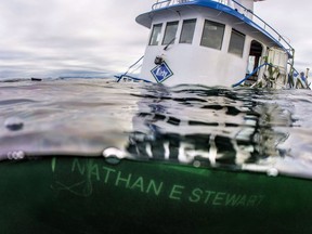 A Houston-based company is scheduled to be sentenced after pleading guilty to a diesel spill from a tug boat that ran aground and sank in the fishing grounds of a First Nation on British Columbia's central coast. The tug boat Nathan E. Stewart is seen in the waters of the Seaforth Channel near Bella Bella, B.C., in an October 23, 2016, handout photo.
