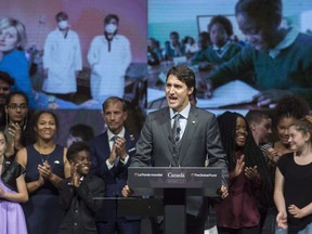 Prime Minister Justin Trudeau addresses the audience during the closing ceremony at the Global Fund conference Saturday, September 17, 2016 in Montreal. International concern is growing in medical and development circles that the Trudeau government is about to drop the ball on its much-publicized global leadership on eradicating AIDS, tuberculosis and malaria.