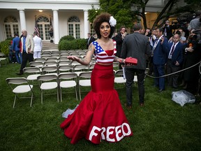 Singer Joy Villa asks journalists not to create "fake news" following an event with U.S. President Donald Trump in the Rose Garden of the White House in Washington, D.C., on July 11, 2019.