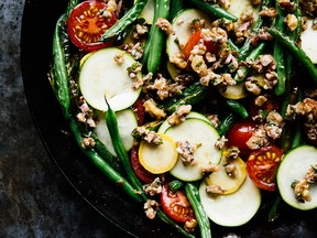 Blistered green beans with tomatoes, pounded walnuts and raw summer squash