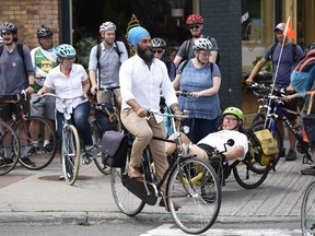 NDP leader Jagmeet Singh participates in a group bike ride with Ottawa Centre residents, after announcing his party's vision for a national cycling strategy in Ottawa on Thursday, July 11, 2019.
