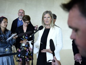 Conservative MP Leona Alleslev speak to reporters before an emergency meeting of the Standing Committee on Foreign Affairs and International Development to discuss a request to undertake a study of undue pressure on former career diplomats, in Ottawa on Tuesday, July 30, 2019.