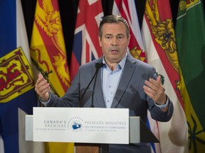 Alberta Premier Jason Kenney addresses the media during a meeting of Canada's Premiers in Saskatoon, Wednesday, July 10, 2019.