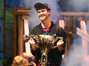 Kyle Bugha Giersdorf celebrates after winning the Fortnite World Cup solo final at Arthur Ashe Stadium on July 28, 2019 in New York City.