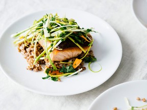 Marinated leek salad with wheat berries, carrots and seared salmon