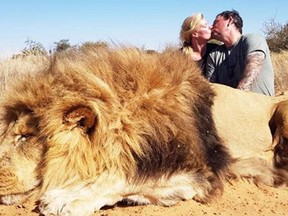 Carolyn and Darren Carter are pictured kissing over the carcass of a lion they shot.