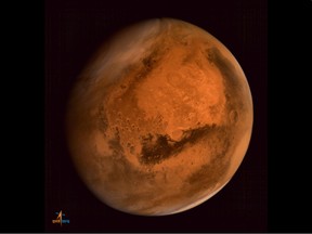 This file handout photograph received from the Indian Space Research Organisation (ISRO) on September 30, 2014, shows the planet Mars in an image taken by the ISRO Mars Orbiter Mission (MOM) spacecraft.