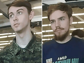 Teen fugitives Bryer Schmegelsky and Kam McLeod in undated CCTV images taken in Meadow Lake, Saskatchewan.