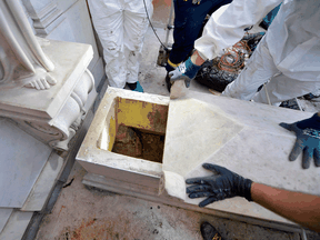 One of two tombs within the Vatican's grounds in the Teutonic Cemetery is opened on July 11, 2019, as part of a probe into the mysterious 1983 disappearance of teenager Emanuela Orlandi.