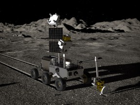 Artist's impression of Heracles rover sampling the lunar surface.
ESA is working with the Canadian and Japanese space agencies to prepare the Heracles robotic mission to the Moon in the mid-to-late-2020s. Using the Gateway as a halfway point, a robotic rover will scout the terrain in preparation for the future arrival of astronauts, and deliver lunar samples to Earth.