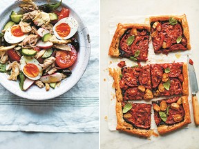 Salade Niçoise, left, and tomato and tapenade tart