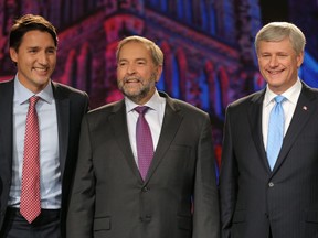 Liberal leader Justin Trudeau joins Thomas Mulcair and Stephen Harper for a leaders' debate on Sept. 17, 2015.