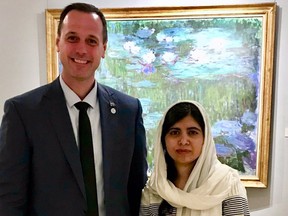 Quebec Education Minister Jean-François Roberge and Malala Yousafzai in July 2019.