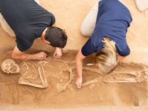 An undated image provided by Melissa Aja shows excavation of Philistine graves at a site in Ashkelon, Israel. Genetic analysis of remains from ruins in Israel hints at the origins of the Levantine people described in the Hebrew Bible.