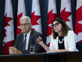 Minister of Seniors, Filomena Tassi, and Stephane Lauzon, Parliamentary Secretary to the Minister of Veterans Affairs and Associate Minister of National Defence, comment on the Government's actions to make life more affordable for Canada's seniors during a press conference at the National Press Theatre in Ottawa, Ontario on Thursday, July 18, 2019.