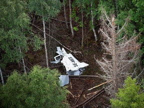 Wreckage of the skydiving aircraft lies in the woods on Storsandskar island in Ume river, outside Umea.