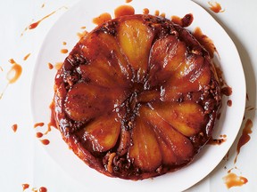 Salted honey, pear and chocolate tarte Tatin