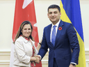 Ukrainian Prime Minister Volodymyr Groysman and Canadian Foreign Affairs Minister Chrystia Freeland in May 2019.