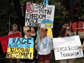 A protest outside the Russian embassy in Ottawa over its actions in Ukraine.