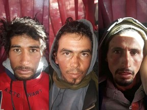 A file combination photo created on December 20, 2018 shows Rachid Afatti (L), Ouziad Younes (C), and Ejjoud Abdessamad (R), the three suspects in the grisly murder of two Scandinavian hikers whose bodies were found at a camp in Morocco's High Atlas mountains, in police custody following their arrest.