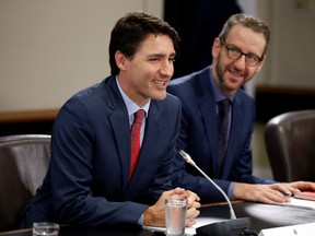 Prime Minister Justin Trudeau and his former principal secretary Gerald Butts on Parliament Hill in Ottawa, Ontario, Canada, April 21, 2017.