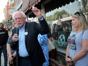 U.S. Sen. Bernie Sanders advocates for type 1 diabetes during a rally at a Canadian pharmacy after purchasing lower cost insulin in Windsor, Ontario, Canada, July 28, 2019.