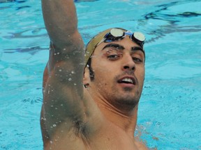 Italy's Filippo Magnini jubilates after winning the men's 100m Freestyle on June 8, 2008 at the "Trofeo Sette Colli" in Rome.