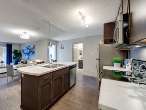 Ara, a condominium development by Carrington Communities, features kitchens with contemporary wood cabinets in designer colours, laminate floors, and a ceramic subway-style backsplash.