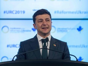 Ukrainian President Volodymyr Zelensky addresses the Ukrainian Reform conference in Toronto on July 2, 2019.