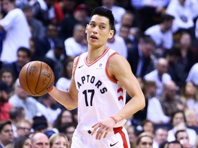 Jeremy Lin #17 of the Toronto Raptors dribbles the ball during Game Five of the second round of the 2019 NBA Playoffs against the Philadelphia 76ers at Scotiabank Arena on May 7, 2019 in Toronto, Canada.