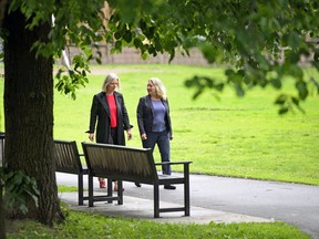 Catherine McKenna, the minister of Environment and Climate Change, accompanied by Liberal MP Mona Fortier, arrives on Tuesday, June 25, 2019, to explain how the federal government will allocate the proceeds collected as a result of carbon pollution pricing.